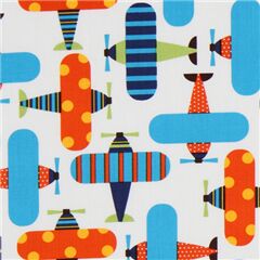 Tossed Colourful Aeroplanes Stretch Fabric by Robert Kaufman