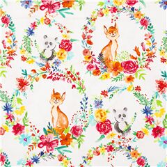 Tela blanca de animales y flores arco�ris estampado infantil Tela de Michael Miller