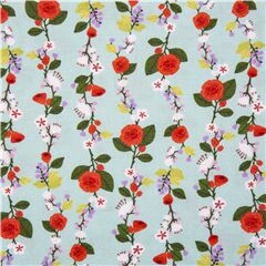 Tela azul con tiras de flores rosas rojas y hojas verdes Tela de Michael Miller