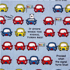 Tela japonesa lona infantil azul hileras de coches con ojos sem�foros oso polar Tela de Japanese Indie