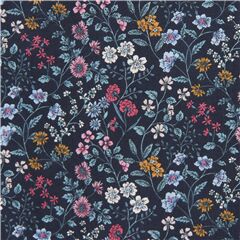 Tela lin�n de algod�n azul con flores peque�as blanco rosa Tela de Japanese Indie