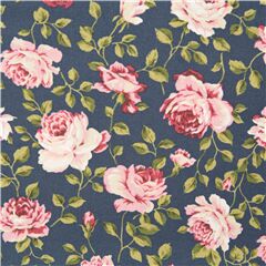 Tela de algod�n camisera azul con flores rosas de tallos y hojas verdes Tela de Japanese Indie