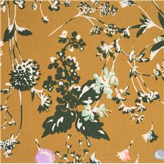 Tela de viyela de algod�n marr�n con flores silvestres y hojas de Jap�n Tela de Japanese Indie