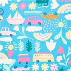Tela motivos verano vacaciones arco�ris naturaleza coche en azul Tela de Dear Stella