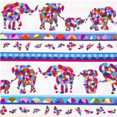 Tela de mosaicos elefantes arco�ris en rayas sobre blanco Tela de Michael Miller