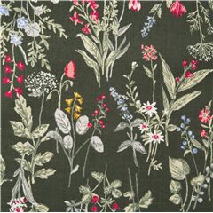 Tela verde de batista lin�n de algod�n con flores campestres vintage Tela de Japanese Indie