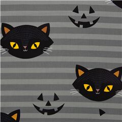 Tela a rayas gris de Halloween USA con gatos negros calabazas Tela de Alexander Henry