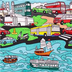 Tela con transportes de Hong Kong estilo c�mic dibujos de colores Tela de Japanese Indie