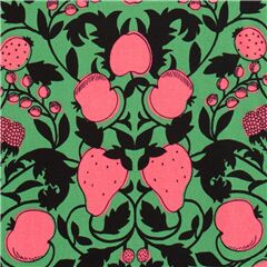 Tela oxford de Jap�n verde oscuro ornamentos negro rosa fruta baya Tela de Japanese Indie