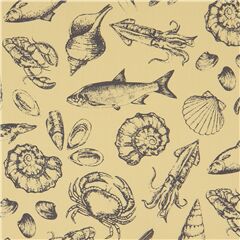 Tela japonesa amarilla con animales marinos peces cangrejos caracolas Tela de Japanese Indie