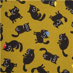 Tela oxford verde kaki con graciosos gatos negros algunos con sombrero Tela de Japanese Indie