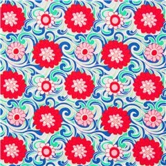 Tela de grandes flores rojo rosa sobre arabescos azul blanco Tela de Liberty Fabrics