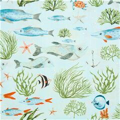 Tela azul claro de algod�n pintura peces tortugas multicolor Tela de Dear Stella