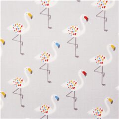 Tela oxford gris claro con p�jaros flamencos rosas plumas y picos de colores Tela de Japanese Indie