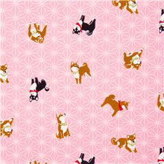 Tela oxford rosa claro motivo geom�trico de hojas estrellas y perros shiba inu Tela de Japanese Indie