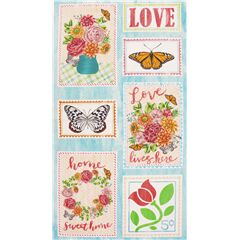 Tela con panel de sellos carta de amor mariposas flores Tela de Michael Miller