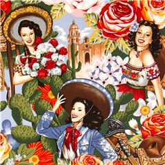 Tela mujeres mexicanas de Alexander Henry sombreros flores Tela de Alexander Henry