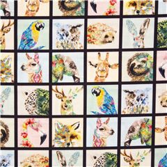 Cuadrados Multicolores Con Retratos De Animales Y Flores Tela de Michael Miller