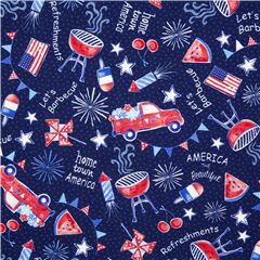 Ciudad Natal Am�rica Iconos Festivos De Verano Tela de Michael Miller