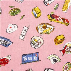Tela rosa con motivos del restaurante japon�s onigiri sake uni wasabi Tela de Japanese Indie