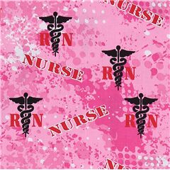 tessuto rosa cotone macchie pois bianchi scritte Nurse rosse simboli neri Tessuto di Sykel Enterprises