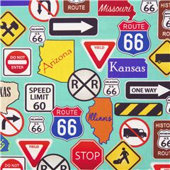 tessuto turchese segnaletica USA cotone Route 66 viaggi Ritagli (Ritagli)