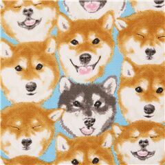 Tela oxford algod�n azul con caras de perro shiba inu marr�n gris Tela de Kokka