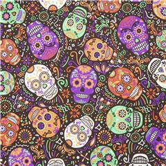 tessuto nero poliestere minky teschi colorati Tessuto di Timeless Treasures