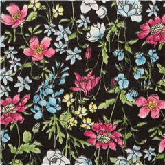 Tela de batista negra lin�n de algod�n con flores multicolores Tela de Hokkoh