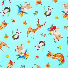 Tela con lluvia de animales algod�n azul ciervo panda zorro Tela de Michael Miller