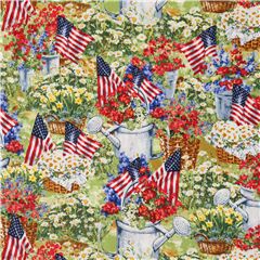 tessuto multicolore bandiere USA fiori giardino Tessuto di Timeless Treasures