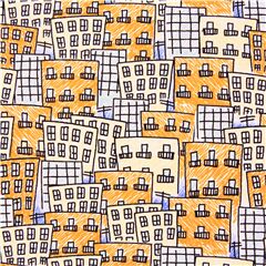 Tela blanca edificios amarillos bloques ciudad l�neas negras Tela de Michael Miller