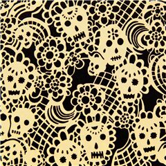 Tela negra de EE. UU. con tapetes beis de calaveras de az�car Tela de Alexander Henry