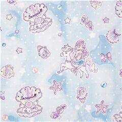 Tela de algod�n azul con purpurina unicornios sirena ostras estrella entre nubes Tela de Japanese Indie