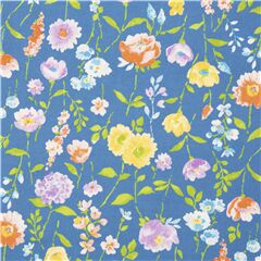 Tela azul algod�n de Jap�n flores grandes y peque�as rojo amarillo p�rpura hojas Tela de Cosmo