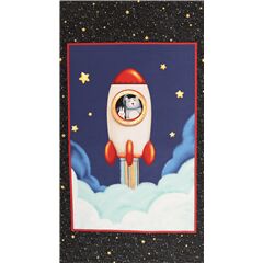 Tela panel azul estrellas purpurina cohete rojo Tela de Michael Miller
