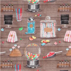 Tela marr�n con caramelos y dulces de colores golosinas Tela de Stof France