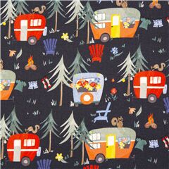 Tela algod�n con caravanas azul marino bosque de pinos camping Tela de Michael Miller