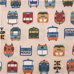 Tela algod�n arena con trenes multicolores se�al cruce v�a Tela de Japanese Indie