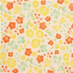 Tela de Jap�n crema con sencillas flores hojas acuarela rojo verde amarillo Tela de Cosmo