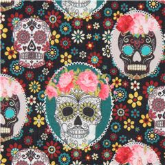 Tela gris oscuro con calaveras y flores de colores Tela de Stof France
