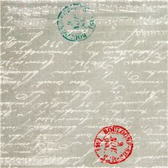 Tela gris algod�n manuscrito blanco vintage sellos de colores Tela de Michael Miller