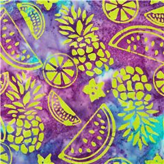 Tela algod�n batik multicolor sarong violeta y verde deste�ido fruta tropical Tela de Michael Miller