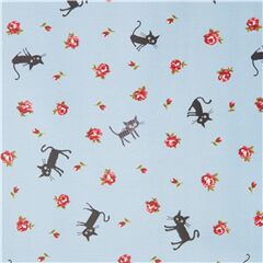 Tela laminada celeste CocoLand con rosas y animales gatos de Jap�n Tela de Japanese Indie