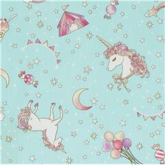 Tela turquesa claro circo globo algod�n japon�s purpurina unicornio Tela de Japanese Indie