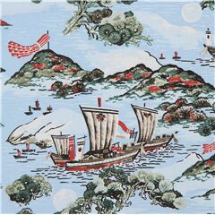 Tela dobby tramada de ray�n azul claro con bonsai �rbol paisaje de Jap�n Tela de Japanese Indie
