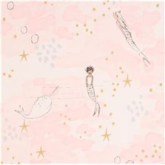 Tela rosa claro sirena adorno dorado met�lico Mermaid Magic Tela de Michael Miller