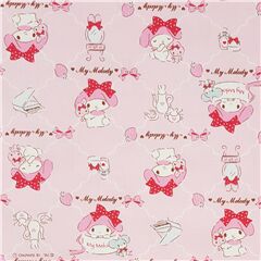 light pink laminate fabric with My Melody and small strawberries Fabric by Sanrio