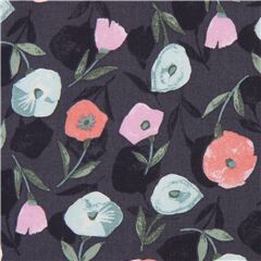 Tela ligera de lin�n algod�n gris con flores de amapola Tela de Cosmo