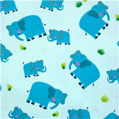 Tela infantil de elefante madre y cr�a algod�n azul claro hierba Tela de Michael Miller